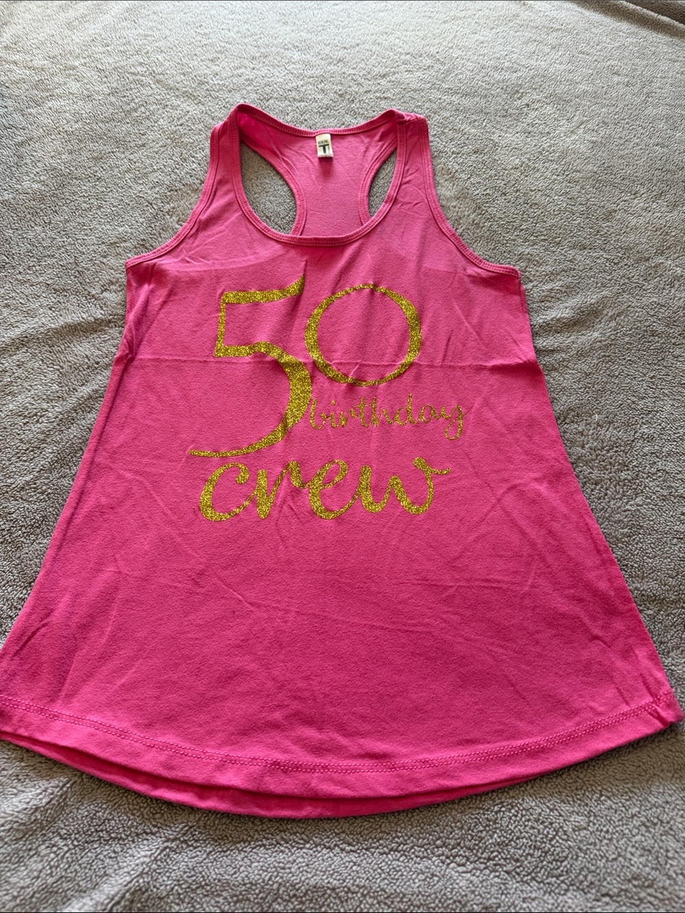 Bright Pink Racerback Tank Top with Gold Glitter 50 Birthday Crew
